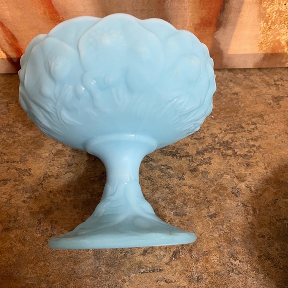 Fenton Water Lily Milk Glass, Blue Satin Custard Pedestal Candy Dish - Picture 4 of 15